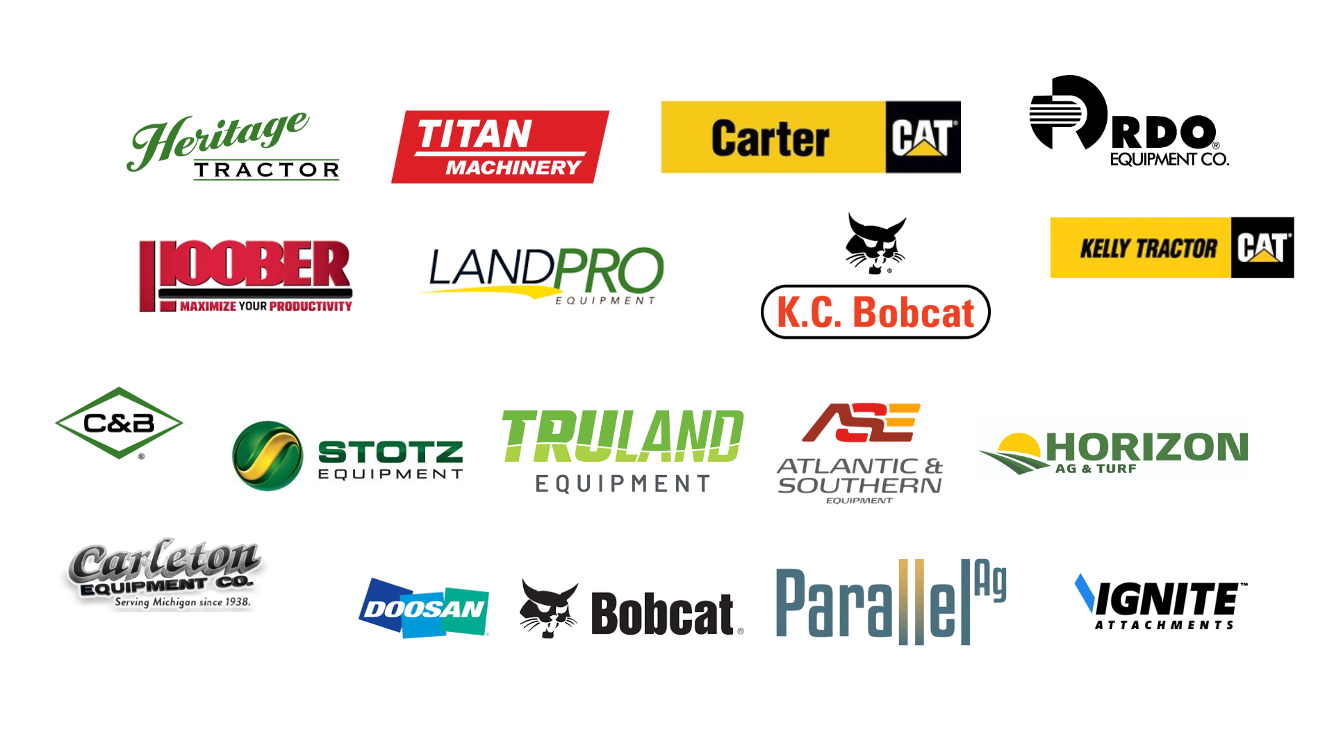 Our trusted dealer partners including Heritage Tractor, Titan Machinery, Carter CAT, RDO Equipment, and more
